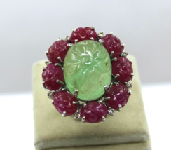 Vintage Natural Emerald Ruby Engraved Oval Gemstone Diamond Silver Elega... - £540.75 GBP