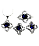 Jewelry Set Royal Blue CZ Sterling Silver Necklace Earrings Ring Size 6 - £53.79 GBP