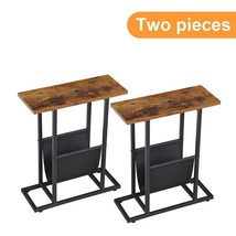 2Pcs Small Narrow Side Table End Table Nightstand W/Magazine Holder Rustic Brown - £70.55 GBP