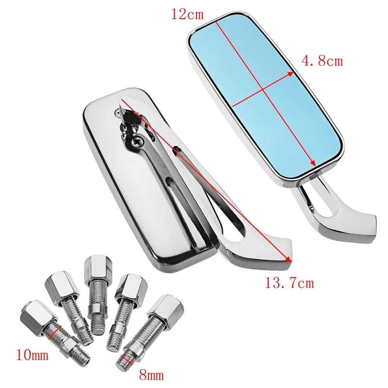 A Pair Motorcycle Rearview Mirror Chrome Square Convex Side Mirrors Blue Glass - £30.35 GBP