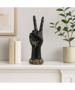 Decorative Peace Sign Hand Sculpture – 10.5" Black &amp; Gold Rose Accent St... - $19.79
