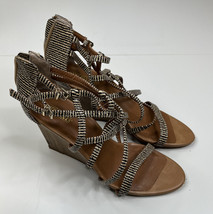 Seychelles Women&#39;s Striped Brown/Beige Wedge Heel Back Zip Sandals 7.5M P5 - £13.49 GBP