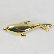 Gold Dolphin Pin Brooch 2-1/2&quot; Long x 1&quot;  Simulated Diamonds on Tail Sea... - $220.27 MXN