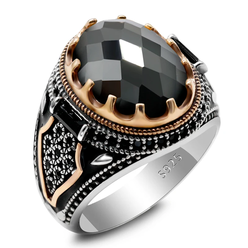 Classic 925 Sterling Silver Black Zircon Ring Vintage Turkish Punk Jewelry Men&#39;s - £47.94 GBP