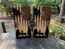 Waterproof Cornhole WRAPS / USA Flag with a Deer / Wood Grain / Laminated  - $85.00