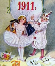 New Years Postcard 1911 Clown Ballerina With Bunny Ears Fantasy Embossed Vintage - £17.37 GBP