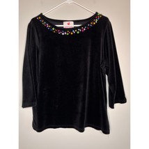 2000s Quacker Factory Black Velvet Rainbow Gemstone Sparkle Boat Neck Sh... - $30.00