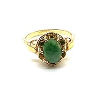 Vintage Signed Sterling Vermeil Prong Oval Jade Stone Solitaire Ring siz... - £30.50 GBP