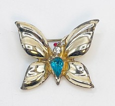 Vintage Pot Metal Butterfly Brooch Blue Teardrop Rhinestone Pink Eyed Pin - £17.45 GBP