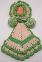 Baby Doll Face Hanging Potholder Hot Pad Green/White Hand Crocheted Vintage - £12.31 GBP