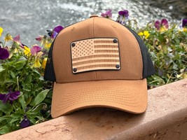Wood Leather patch American USA National Flag Trucker Hat Patriotic Head... - £17.56 GBP
