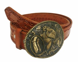 Montana Silversmiths Belt Buckle &amp; Brown Belt Cowboy Solid Brass Ranch USA - 38 - £43.19 GBP