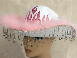 Womens Pink Fur Flames Bangles One Size Novelty Cowboy Cap Hat - £17.76 GBP