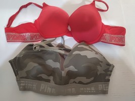 Pink T Shirt Bras 36B Tomato Red Sparkle Logo And Camouflage Lot Of 2 - $14.63