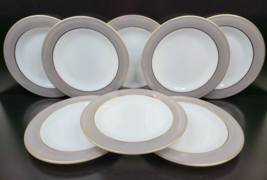 8 Pyrex Gray Rim Gold Trim Milk Glass Dinner Plate Vintage MCM Glassware USA Lot - £79.27 GBP