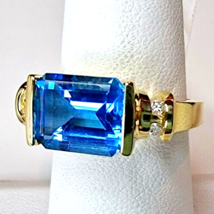 14K Yellow Gold CHANNEL-SET Natural Diamond And Sky Natural Topaz Ring Size 6.5 - £372.20 GBP