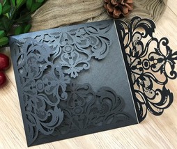 50pcs pearl black 4 flaps Invitations Card,laser cut wedding invitations... - £56.47 GBP