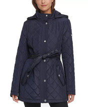 Authentic DKNY Womens Hooded Water-Resistant Belted Quilted Jacket, NAVY, S - £53.01 GBP