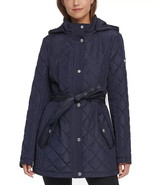 Authentic DKNY Womens Hooded Water-Resistant Belted Quilted Jacket, NAVY, S - £53.00 GBP