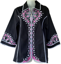 BOB MACKIE Zip Jacket Wearable Art Black Pink Embroider Floral Breast Cancer Top - £50.96 GBP