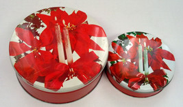 Vintage round tin cookie candy  containers poinsettia candle holiday design - $19.75