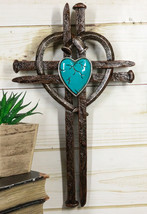 Rustic Western Nail Spikes With Bent Nail Heart And Turquoise Rock Wall Cross - £26.70 GBP