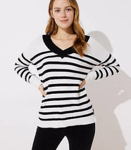 Ann Taylor LOFT Black White Striped Drop Shoulder V-neck Long Sleeve Swe... - £31.64 GBP