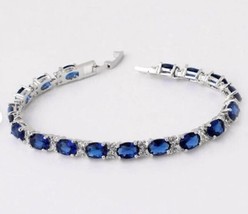 Blue Sapphire Tennis Bracelet, 14K White Gold Plated Charm Bracelet For Woman - £120.12 GBP