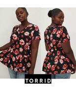 Torrid Plus 2X Babydoll Rayon Twill Button-Front Tiered Top Black Floral - $536.35 MXN