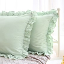 Sage Green Ruffle Euro Pillow Shams 26X26 Set Of 2, Washed Cotton Shabby And Chi - £43.24 GBP