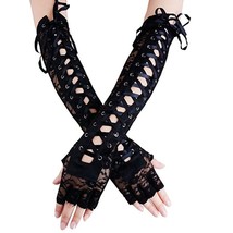 Women&#39;s Sexy Elbow Length Fingerless Lace Up Arm Warmer Black Long Lace ... - $9.88
