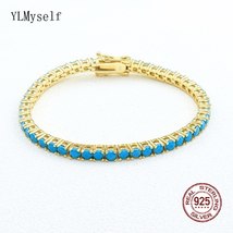 Pure Silver 15-21 cm Tennis Bracelet Pave 3 mm Turquoise Blue Stone Rhodium/Gold - £72.38 GBP