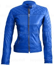 New Handmade Woman Full Blue Fashion Quilted Cowhide Leather Jacket-164 - $167.39+