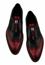 Two Tone Black Maroon Zipper Brogue Wingtip Leather Handmade Luxury Men&#39;s Shoes - £119.87 GBP+