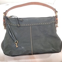 Vintage FOSSIL Black Purse Pebbled Leather Shoulder Bag Brown Handles 75082 - $55.00