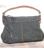 Vintage FOSSIL Black Purse Pebbled Leather Shoulder Bag Brown Handles 75082 - £43.96 GBP