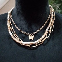 Chico&#39;s Women Fashion Gold Tone Triple Strand Choker Necklace w/ Butterfly Charm - £22.16 GBP