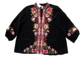 NWT Johnny Was Nepal in Black Silk  Embroidered Effortless Swing Blouse Top XS - $150.00