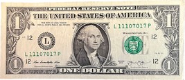 $1 One Dollar Bill L 11107017 P trinary - £3.20 GBP