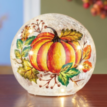 Lighted Fall Harvest Pumpkin Crackle Glass Ball Thanksgiving Tabletop Ho... - $18.34