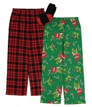 Boys Pajamas Christmas Lounge Pants &amp; Socks 3 Pc Red Plaid Green Dinosau... - £14.08 GBP