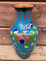 Vtg Cloisonne 9.25&quot; Vase Turquoise Enamel Stone Copper Floral China - £63.04 GBP