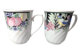 2 Lynns Fine China Coffee Tea Mugs Cups Floral Fruit and Bird Pattern 8 Oz - £12.47 GBP