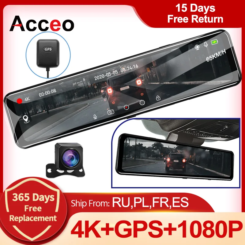 ACCEO 4K Car Dvr Mirror Dash Cam Dual Lens Touch Screen GPS Navigation rear view - £74.74 GBP+