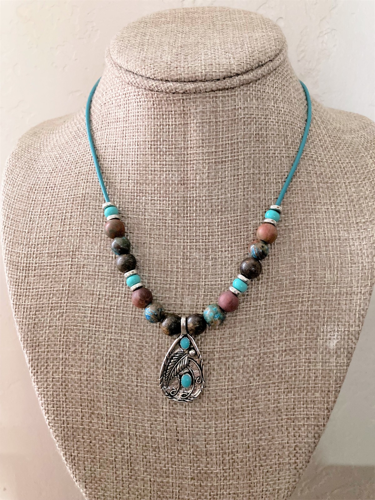 Primary image for 9.25 Silver Teardrop Feather Pendant With Bronzite/Multi Jasper Stone Accents