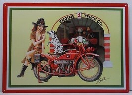 Pin Up Girl with Fire Department Motorcycle and Dalmatian Metal Sign - $19.95