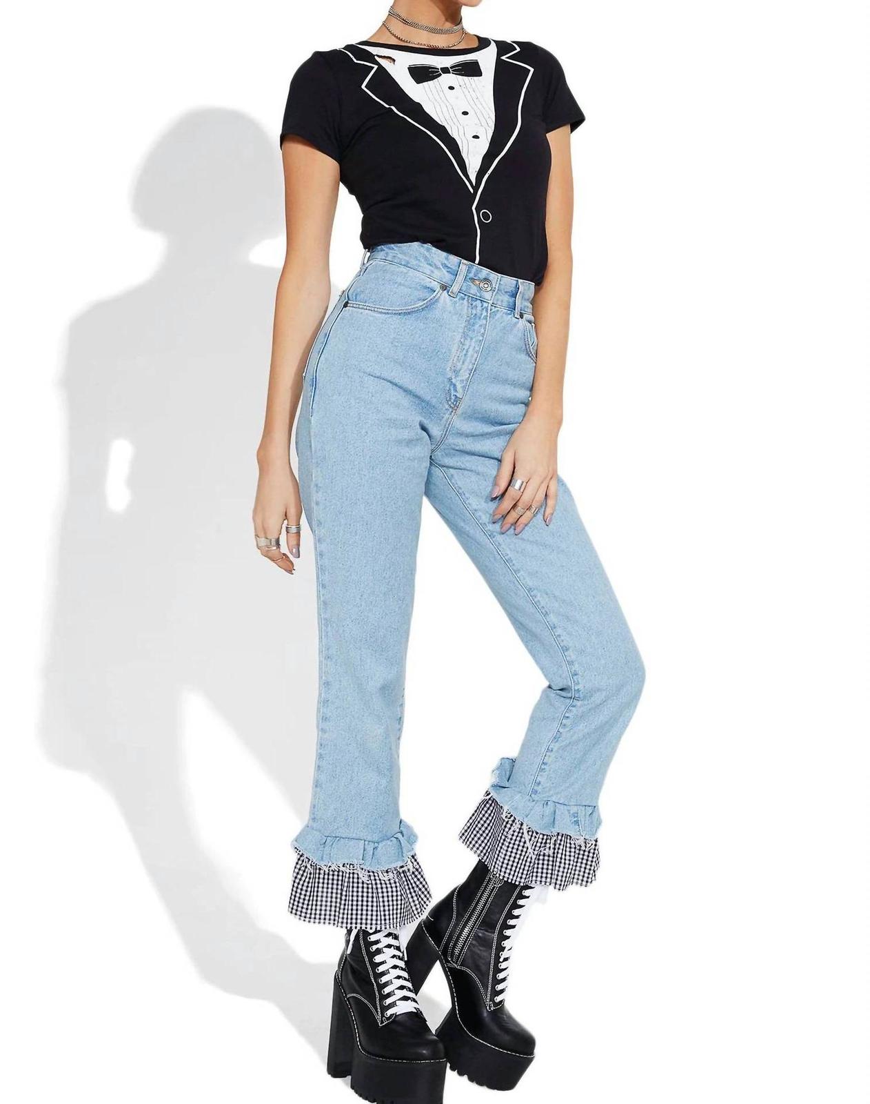 Peach Love Savanna Midi Gingham Ruffle Jeans Size S - $33.66