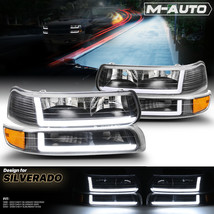 [LED LIGHT BAR DRL] 4PC L+R Black Headlight+Bumper for 1999-2006 Chevy Silverado - £152.54 GBP