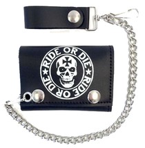 RIDE OR DIE SKULL HEAD TRIFOLD BIKER WALLET W CHAIN mens LEATHER #573 NEW - $10.87