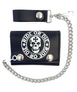 RIDE OR DIE SKULL HEAD TRIFOLD BIKER WALLET W CHAIN mens LEATHER #573 NEW - $14.76 CAD
